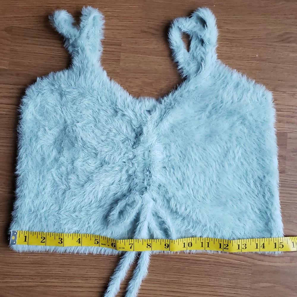 Wild Fable Fuzzy Mint Green Faux Fur Ruched Crop Top Women's Size Medium - Picture 10 of 12
